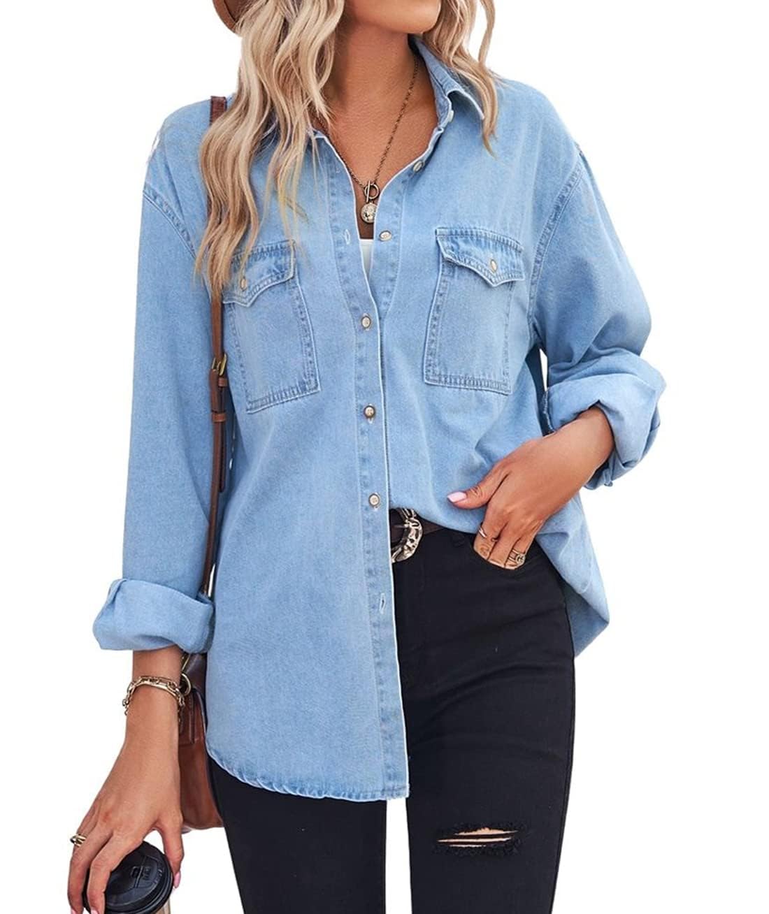 chouyatou Women's Spring Long Sleeve Denim Jean Shirts Button Down